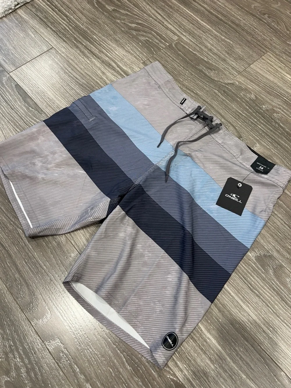 O'Neill Men's Gray Swim Board Shorts with Blue Stripes- Hyperfreak